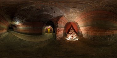 Soligorsk, Belarus - 7 Mart 2014: Tam 360 equirectangular küresel panorama mağaracılık hastanede