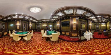 Minsk, Beyaz Rusya - 25 Temmuz 2014: Tam 360 derece panorama interier lüks casino ayar VIP odasında küresel projeksiyon equirectangular