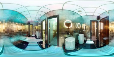 Minsk, Beyaz Rusya - 11 Eylül 2012: Tam 360 derece panorama neon renkli şık tuvalet içinde küresel projeksiyon equirectangular 