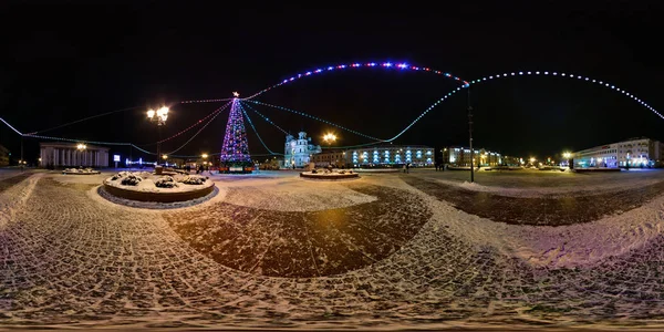 Grodno Białoruś Grudnia Pełne 360 Equirectangular Noc Panorama Placu Choinki — Zdjęcie stockowe