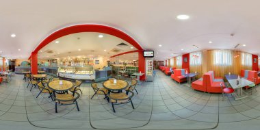 Gomel, Belarus - 26 Mayıs 2012: Tam 360 panorama equirectangular küresel eşit uzaklıkta projeksiyon interier çocuk Cafe tatlı ve dondurma ile