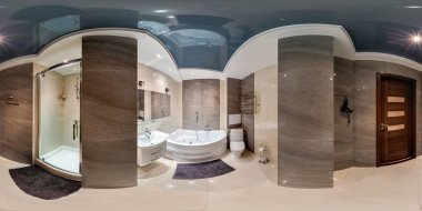 Grodno, Belarus - 12 Kasım 2012: küresel 360 derece panorama equirectangular eşit uzaklıkta projeksiyon, kahverengi renk iç, Vr içeriğinin banyoda sorunsuz Panoraması tam