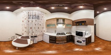 Grodno, Belarus - 12 Kasım 2012: Tam küresel 360 derece panorama equirectangular eşit uzaklıkta projeksiyon, seamless panorama mutfak iç İskandinav minimalist tarzı tasarım, Vr içeriği