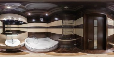 Grodno, Belarus - 12 Kasım 2012: küresel 360 derece panorama equirectangular eşit uzaklıkta projeksiyon, kahverengi renk iç, Vr içeriğinin banyoda sorunsuz Panoraması tam