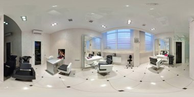Minsk, Beyaz Rusya - 5 Aralık 2011: Tam 360 panorama şık güzellik salonu berber küresel eşit uzaklıkta projeksiyon equirectangular içinde. Fotogerçekçi Vr içeriği