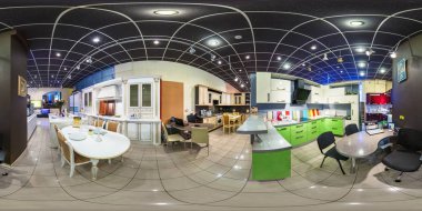 Moskova, Rusya - 4 Mart 2014: Tam 360 derece panorama equirectangular küresel projeksiyon interier şık Beyaz Rusya mobilya showroom