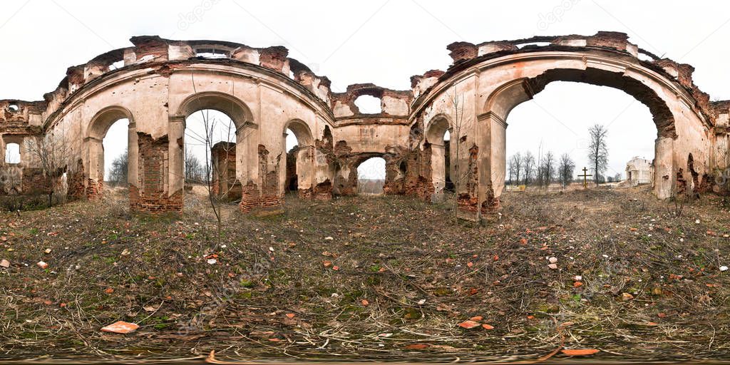 panorama of inside destroyed church. Full 360 degree  panorama in equirectangular equidistant spherical projection, skybox for VR content