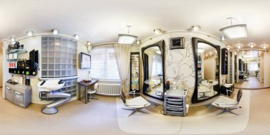 Grodno, Belarus - 8 Haziran 2016: Tam 360 derece panorama şık güzellik salonu berber küresel eşit uzaklıkta projeksiyon equirectangular içinde. Fotogerçekçi Vr içeriği