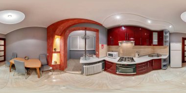 Minsk, Beyaz Rusya - 8 Mart 2013: Tam 360 panorama interier modern loft mutfak Oda kırmızı gri tarzı küresel eşit uzaklıkta projeksiyon equirectangular içinde