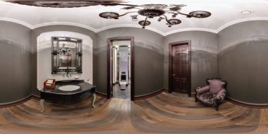Minsk, Beyaz Rusya - 11 Eylül 2012: Tam 360 panorama interier modern tuvalet içinde küresel eşit uzaklıkta projeksiyon equirectangular