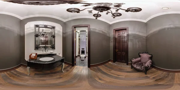 Minsk, Beyaz Rusya - 11 Eylül 2012: Tam 360 panorama interier modern tuvalet içinde küresel eşit uzaklıkta projeksiyon equirectangular
