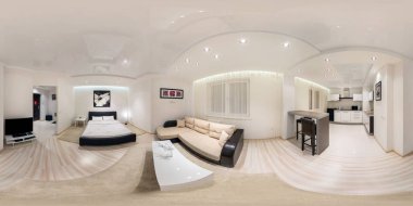 Grodno, Belarus - 12 Kasım 2012: küresel 360 derece panorama equirectangular eşit uzaklıkta projeksiyon, seamless panorama mutfak ve yatak odası iç loft minimalist tarzı tasarım, Vr içerik tam