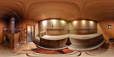Grodno, Belarus - 22 Eylül 2014: Rustik ahşap Rus banyosu, tam 360 derece panorama equirectangular küresel eşit uzaklıkta projeksiyon, Vr içerik Ardiles