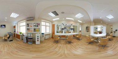 Minsk, Beyaz Rusya - 25 Aralık 2014: Tam 360 panorama equirectangular küresel eşit uzaklıkta projeksiyon iç şık Kuaför Salon. Fotogerçekçi Vr içeriği