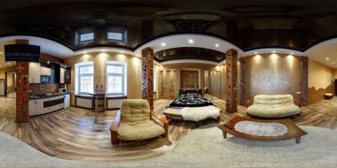 Grodno, Belarus - 16 Ağustos 2014: Tam 360 panorama equirectangular yetişkinler için şık yatak odasında küresel projeksiyon