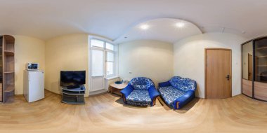 Minsk, Beyaz Rusya - Aralık, 2013:360 panorama görüntülemek konuk oda küçük otel, tam seamless panorama 360 derece açılı görünüş equirectangular küresel projeksiyon, Loca Vr Ar içerik