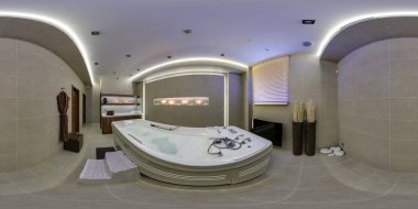 Minsk, Beyaz Rusya - 5 Aralık 2013: Tam 360 panorama havuzlu şık güzellik salonu içinde küresel projeksiyon equirectangular. Fotogerçekçi Vr içeriği