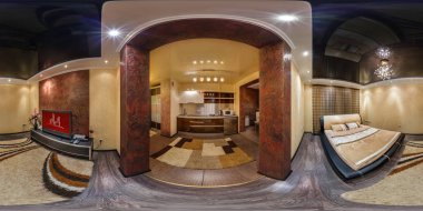 Grodno, Belarus - 12 Kasım 2012: küresel 360 derece panorama equirectangular eşit uzaklıkta projeksiyon, yatak odası iç loft altın kırmızı tarzı tasarım, Vr içerik seamless panorama tam