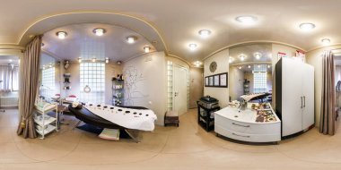 Grodno, Belarus - 8 Haziran 2016: Tam 360 derece panorama şık güzellik spa salon berber dükkanı olarak küresel projeksiyon equirectangular. Fotogerçekçi Vr içeriği