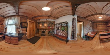 Grodno, Belarus - 10 Ağustos 2011: tam 360 derece panorama vintage Rus geleneksel ahşap banyo, Vr içerik küresel projeksiyon equirectangular