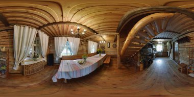 Grodno, Belarus - 9 Ağustos 2012: küresel 360 derece panorama equirectangular eşit uzaklıkta projeksiyon, iç ahşap köy kulübe, Vr içerik Panoraması tam