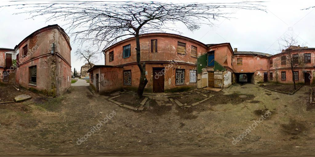 panorama in old courtyard with houses with red walls. Full 360 degree  panorama in equirectangular equidistant spherical projection, skybox for VR content