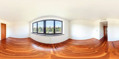 Panorama of modern white empty loft apartment interior living hall room, full 360 seamless panorama in equirectangular spherical projection,  skybox VR content clipart