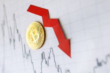 Amortisman sanal para bitcoin. Döviz kurunu Amortisman. Kırmızı ok ve kağıt Forex Altın Bitcoin merdiven arka plan grafik. Cryptocurrency amortisman kavramı.