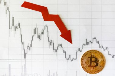 Amortisman sanal para bitcoin. Döviz kurunu Amortisman. Kırmızı ok ve kağıt Forex Altın Bitcoin merdiven arka plan grafik. Cryptocurrency amortisman kavramı.