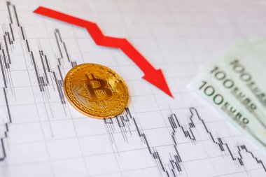 Amortisman sanal para bitcoin. Döviz kurunu Amortisman. Kırmızı ok ve kağıt Forex Altın Bitcoin merdiven arka plan grafik. Cryptocurrency amortisman kavramı.
