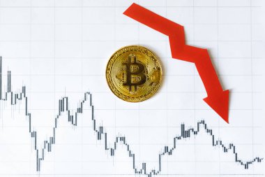 Amortisman sanal para bitcoin. Döviz kurunu Amortisman. Kırmızı ok ve kağıt Forex Altın Bitcoin merdiven arka plan grafik. Cryptocurrency amortisman kavramı.