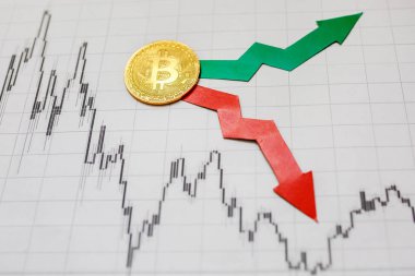 dalgalanmalar ve sanal para bitcoin Döviz kurları tahmini. Altın Bitcoin merdiven kağıt forex grafik arka plan üzerinde kırmızı ve yeşil oklarla. Cryptocurrency kavramı.