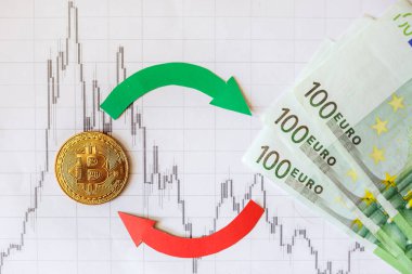 Sanal para bitcoin euro faturalarında değişimi. Kırmızı yeşil oklar ve kağıt Forex Altın Bitcoin merdiven arka plan grafik. Cryptocurrency değişim kavramı.