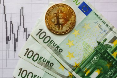 sanal para altın bitcoin yüz euro faturaları ve kağıt forex grafik dizin arka plan. Exchange bitcoin nakit euro konsepti için