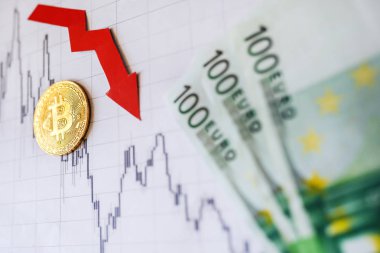 Amortisman sanal para bitcoin. Kırmızı ok ve kağıt forex grafik Endeksi derecelendirmesini üzerinde altın Bitcoin euro banknot ile Döviz piyasası arka plan aşağı inelim. Cryptocurrency kavramı amortisman.