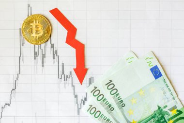 Amortisman sanal para bitcoin. Kırmızı ok ve yüz euro faturalarında ve kağıt forex grafik dizin arka plan üzerinde. Cryptocurrency amortisman kavramı.