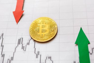 dalgalanmalar ve sanal para bitcoin Döviz kurları tahmini. Altın Bitcoin merdiven kağıt forex grafik arka plan üzerinde kırmızı ve yeşil oklarla. Cryptocurrency kavramı.