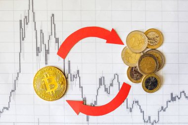 Exchange sanal para bitcoin avuç euro sikkeler üzerinde. Kırmızı oklar ve kağıt Forex Altın Bitcoin merdiven arka plan grafik. Cryptocurrency değişim kavramı.
