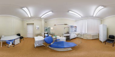 Minsk, Beyaz Rusya - 20 Nisan 2017: Panorama interier diş hekimi cerrah Ortopedi uzmanı terapist kabine modern kliniğinde, eşit aralıklı dikdörtgen küresel projeksiyon, Vr içeriği tam 360 seamless panorama