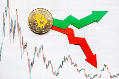 dalgalanmalar ve sanal para bitcoin Döviz kurları tahmini. Altın Bitcoin merdiven kağıt forex grafik arka plan üzerinde kırmızı ve yeşil oklarla. Cryptocurrency kavramı.