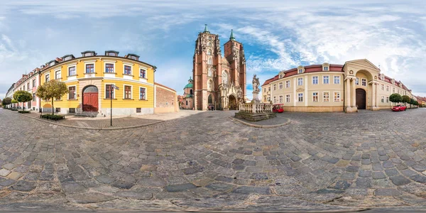 WROCLAW, POLAND - SEPTEMBER, 2018: full seamless spherical panorama 360 degrees district Ostrow Tumski with spires of gothic cathedral 360 panorama in equirectangular projection, AR VR content