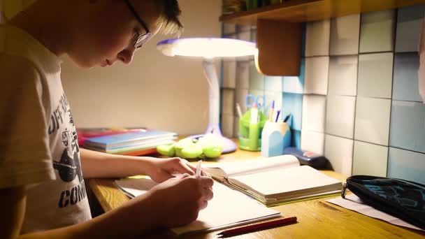 School Jongen Tiener Glazen Studeren Zijn Huiswerk Jongen Zit Aan — Stockvideo