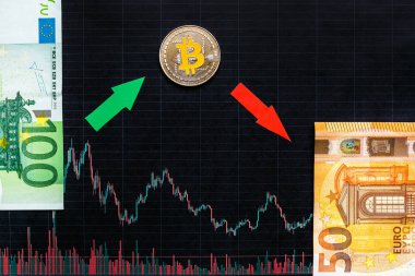 kârsız yatırım sanal para bitcoin. Yeşil kırmızı ok, gümüş Bitcoin ve euro siyah kağıt forex grafik Dizin derecelendirme Pazar bir arka plan üzerinde inmek. Cryptocurrency amortisman kavramı.