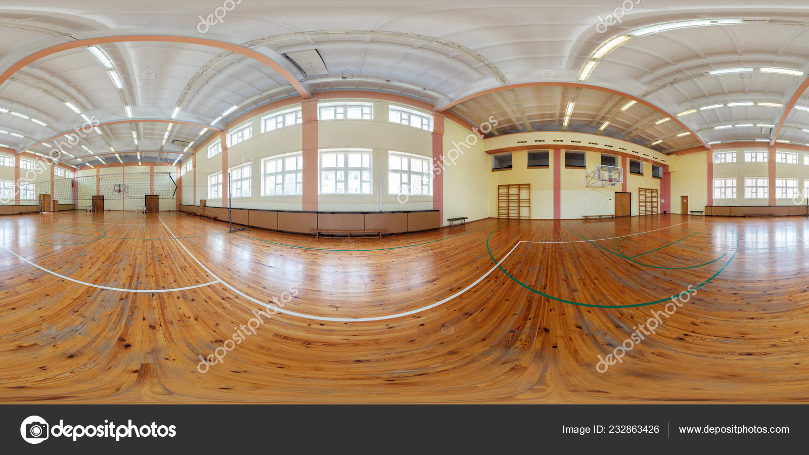 Panorama Interior Modern Gymnasium Basketball Court Full 360 180 Degree