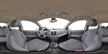 Tam 360 180 derecelik kesintisiz equirectangular eşit uzaklıkta küresel panorama iç prestij modern araba Ravon tarafından arka plan beyaz. Loca vr ar içerik için