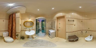 Grodno, Belarus - 26 Şubat 2014: Panorama iç modern banyo duş kabini ile sarı stil renkte. Tam 360 tarafından 180 derece sorunsuz küresel panorama equirectangular projeksiyon
