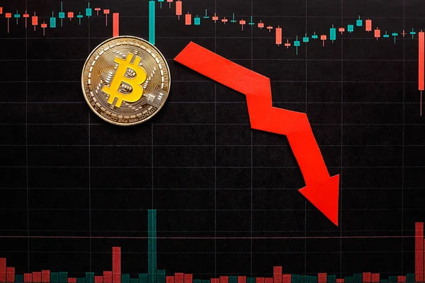 Inversión Rentable Depreciación Bitcoin Dinero Virtual Flecha Roja Verde Bitcoin —  Fotos de Stock
