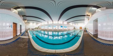 Panorama iç havuz spor kompleksi içinde. Tam 360 tarafından 180 derece sorunsuz küresel panorama equirectangular projeksiyon. Loca Ar Vr içerik için