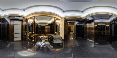 MINSK, BELARUS - OCTOBER 6, 2016: Panorama in vip restroom in elite luxury casino.  Full 360 by 180 degree seamless spherical panorama in equirectangular projection. VR content clipart