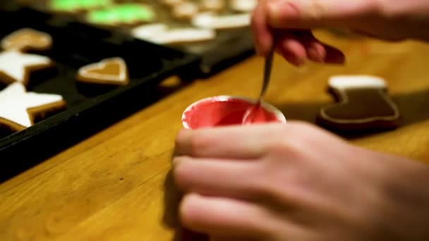 混合食品着色漆 为制作和油漆姜饼饼干的假期 — 图库视频影像